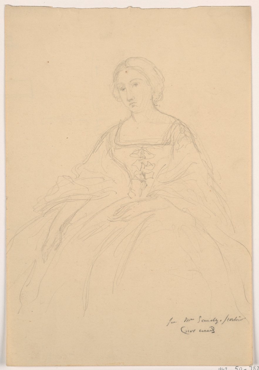 Piirros, Rouva Sheppard Gandy istumassa; Kääntöpuoli: viivapiirros, 1859. tekijältä Daniel Huntington