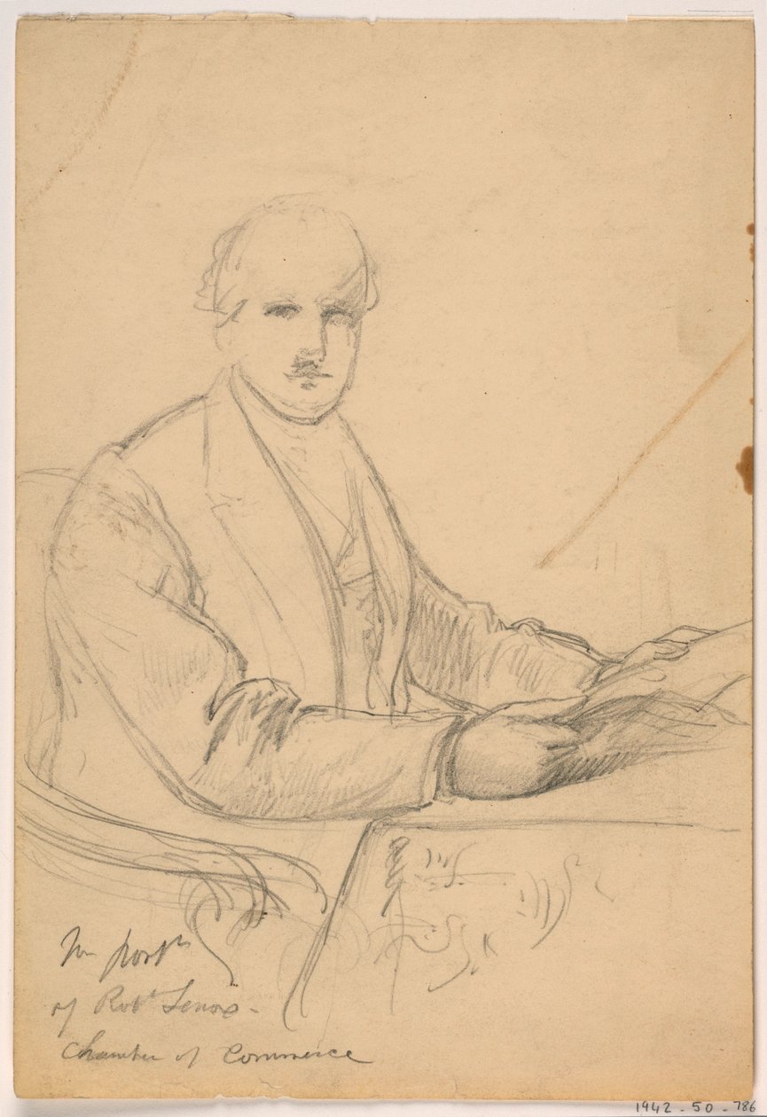 Piirros, Robert Lenox istuu pöydän ääressä kauppakamarin muotokuvaa varten, 1865 tekijältä Daniel Huntington