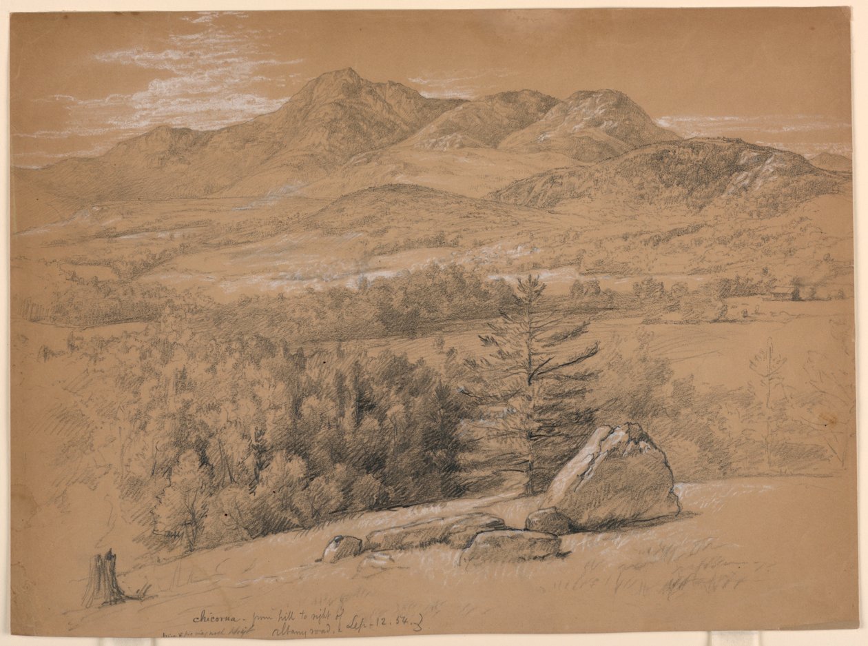 Piirros, Näkymä Chocorua-vuorelle Albany Roadin oikealla puolella olevalta kukkulalta, 12. syyskuuta 1854. tekijältä Daniel Huntington