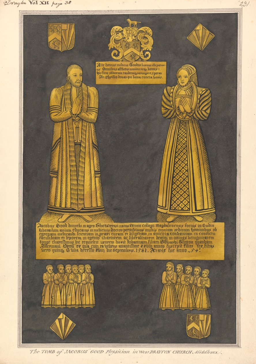 Messinkilautanen tohtori James Goodelle ja hänen vaimolleen Joanille, Edward Clintonin tyttärelle, West Drayton Church tekijältä Daniel Lysons