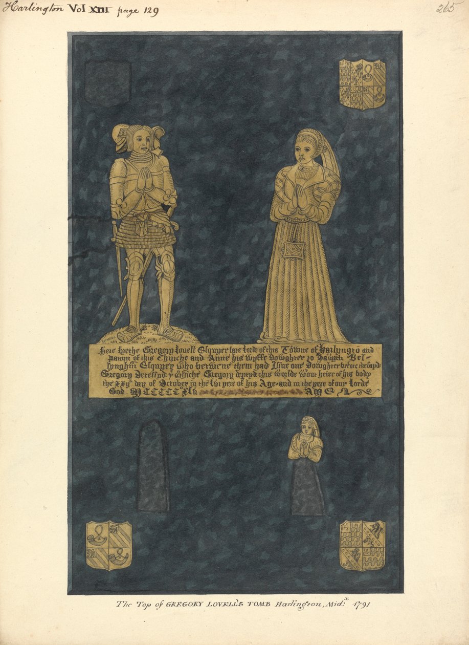 Messinkilautanen Gregory Lovellille ja hänen vaimolleen Annelle, David Bellinghamin tyttärelle, Harlington Church tekijältä Daniel Lysons