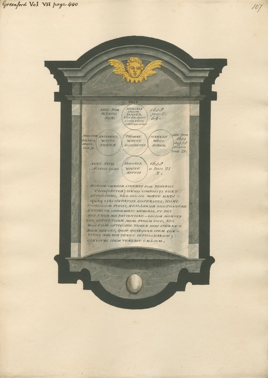 Muistomerkki Honoria Casonille, Nathanielille, Thomasille, Hannahille ja Honoria Whitelle Greenfordin kirkosta tekijältä Daniel Lysons