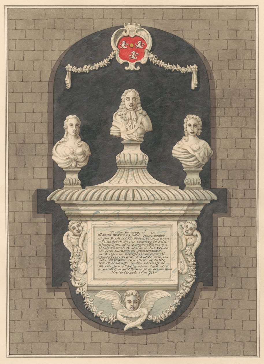 Muistomerkki Sir John Bennettille ja hänen vaimoilleen Elizabethille ja Bridgetille Harlington Churchista tekijältä Daniel Lysons
