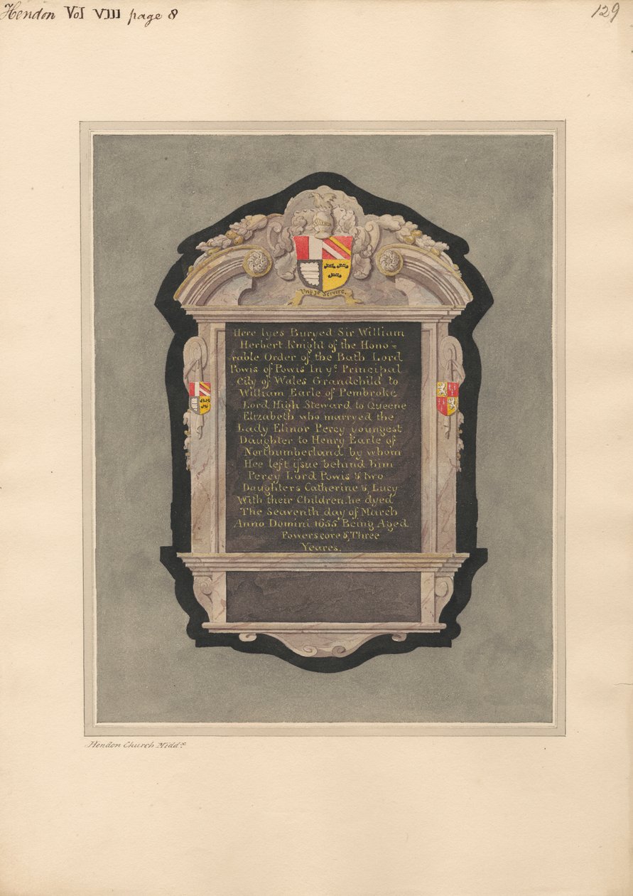 Hendonin kirkon Sir William Herbertin muistomerkki tekijältä Daniel Lysons