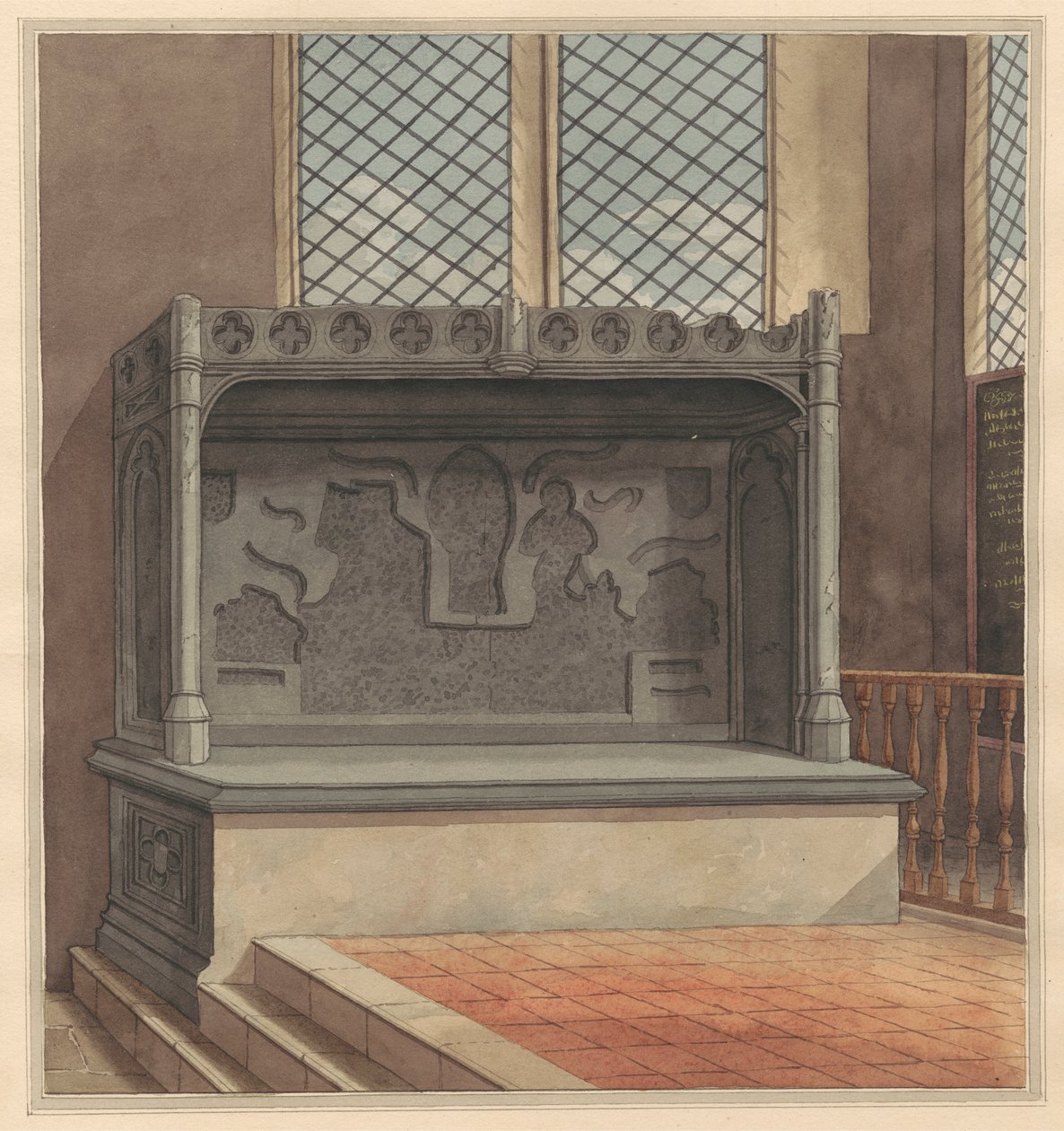 Thomas Windsorin hauta, 1486, messinkilevyt poistettu Stanwellin kirkosta tekijältä Daniel Lysons
