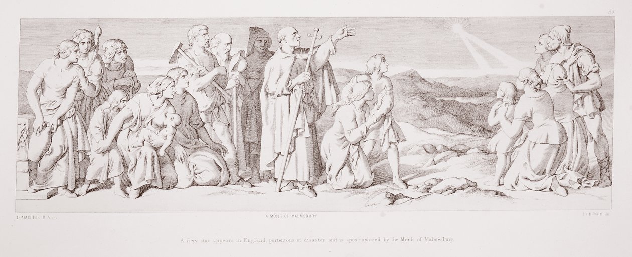 Tulinen tähti ilmestyy Englantiin, uhkaava katastrofi, ja Malmesburyn munkki on tunnustanut sen "The Story of the Norman Conquest" -kirjasta, kaivertanut L. Gruner, 1866 tekijältä Daniel Maclise