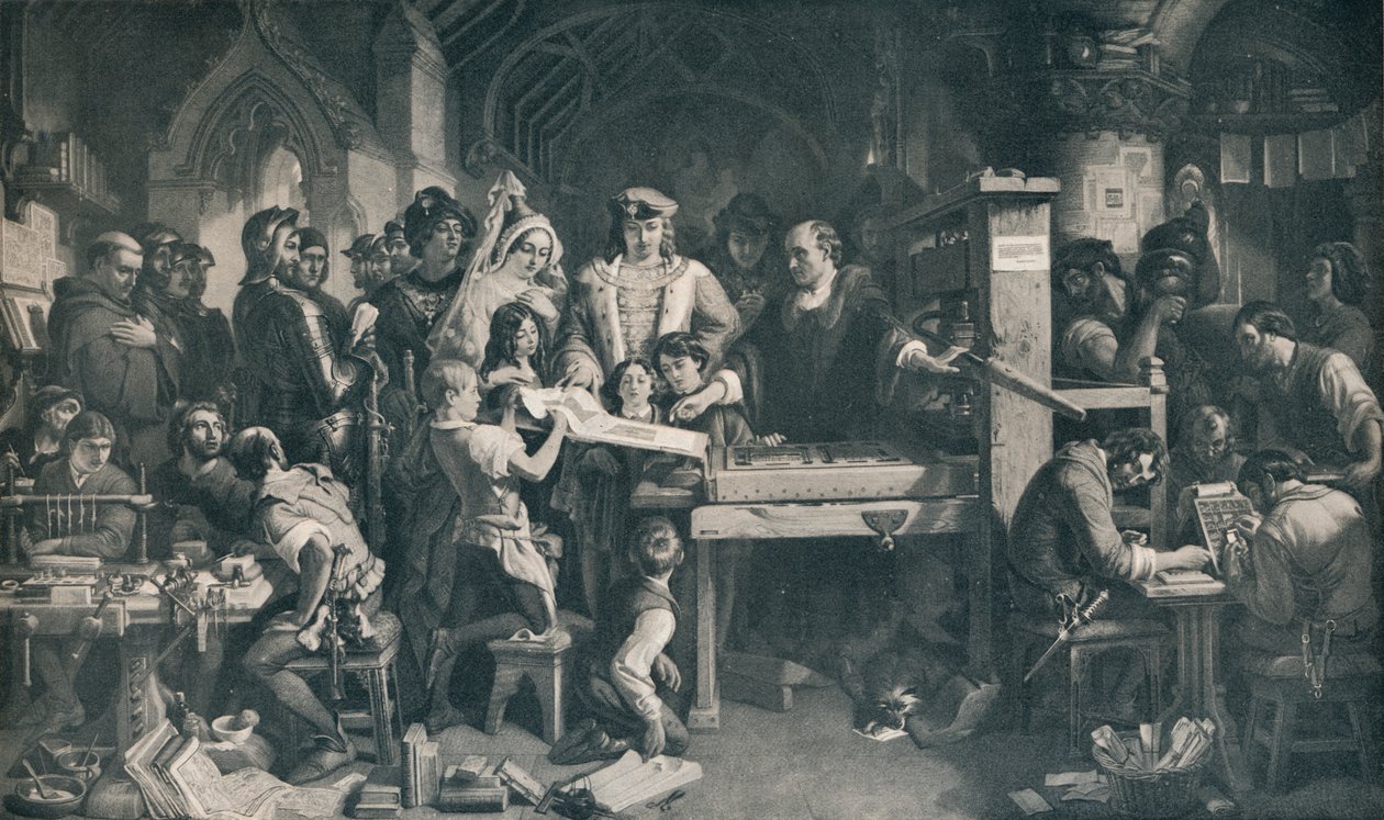 Caxton näyttää ensimmäisen näytteen painostaan kuningas Edward IV:lle, c1858, 1911 tekijältä Daniel Maclise