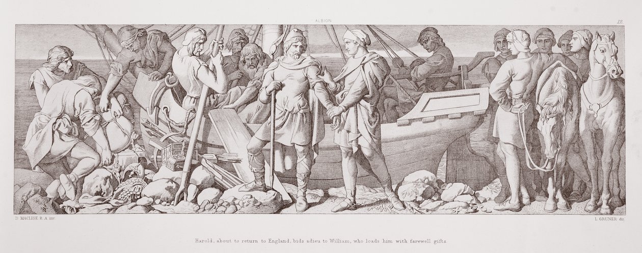 Harold, joka on palaamassa Englantiin, jättää hyvästit Williamille, joka lastaa hänelle jäähyväislahjoja "Normannien valloituksen tarinasta", jonka kaiverrus L. Gruner, 1866 tekijältä Daniel Maclise