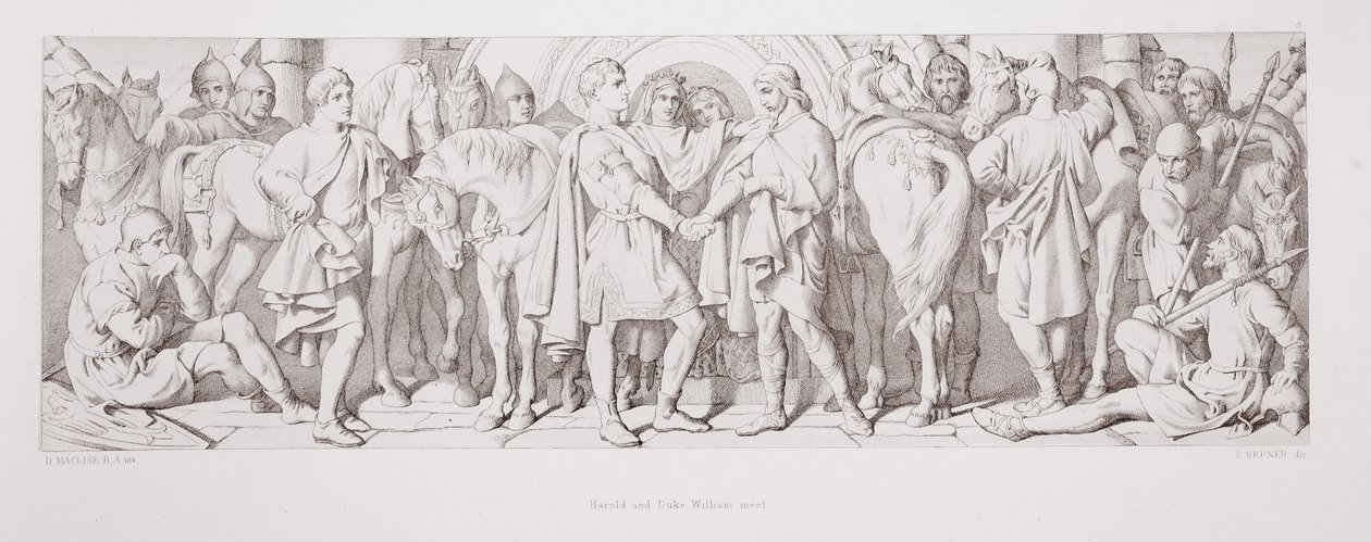 Harold ja herttua William tapaavat, L. Grunerin kaivertamasta The Story of the Norman Conquest -kirjasta, 1866 tekijältä Daniel Maclise