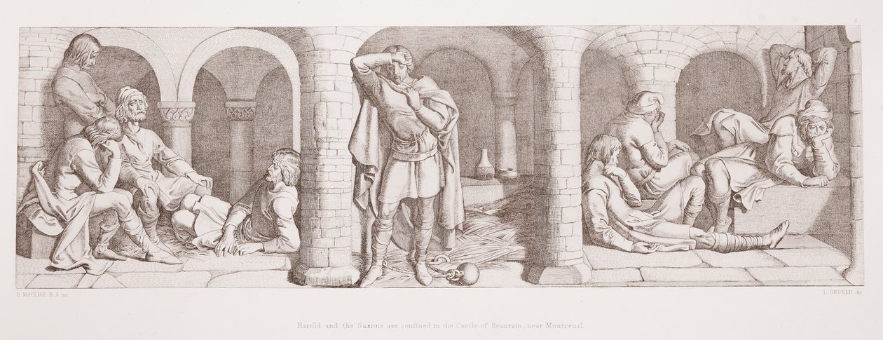 Harold ja saksit ovat suljettuina Beaurainin linnassa lähellä Montreuilia, L. Grunerin kaivertamasta "Normannin valloituksen tarinasta", 1866 tekijältä Daniel Maclise