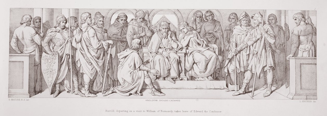 Harold, joka lähtee vierailemaan Normandian Williamin luona, jättää Edward The Confessorin, "The Story of the Norman Conquest", kaivertanut L. Gruner, 1866 tekijältä Daniel Maclise