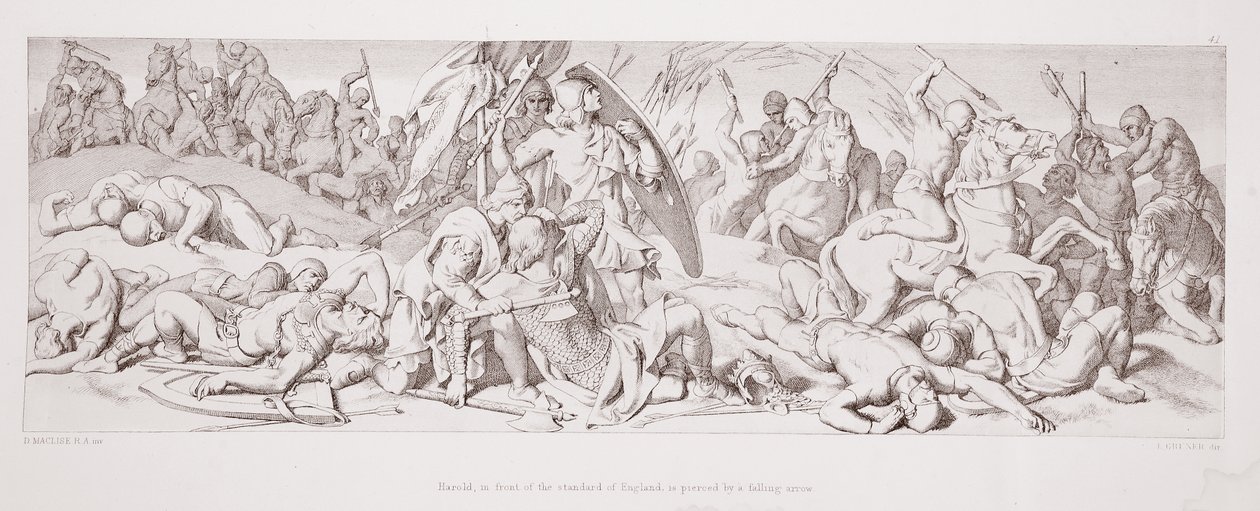 Englannin standardin edessä oleva Harold on lävistetty putoavalla nuolella, "The Story of the Norman Conquest", kaiverrettu L. Gruner, 1866 tekijältä Daniel Maclise