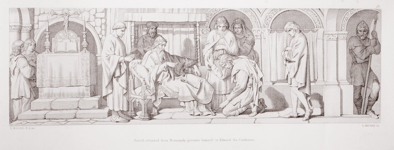 Normandiasta palannut Harold esittelee itsensä Edward Tunnustajalle teoksesta "Normannien valloituksen tarina", kaiverrettu L. Gruner, 1866 tekijältä Daniel Maclise