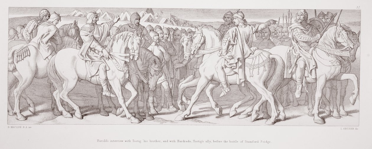 Haroldin haastattelu Tostigin, hänen veljensä, ja Hardradan, Tostigin liittolaisen kanssa, ennen Stamford Bridgen taistelua kirjasta "The Story of the Norman Conquest", kaivertanut L. Gruner, 1866 tekijältä Daniel Maclise