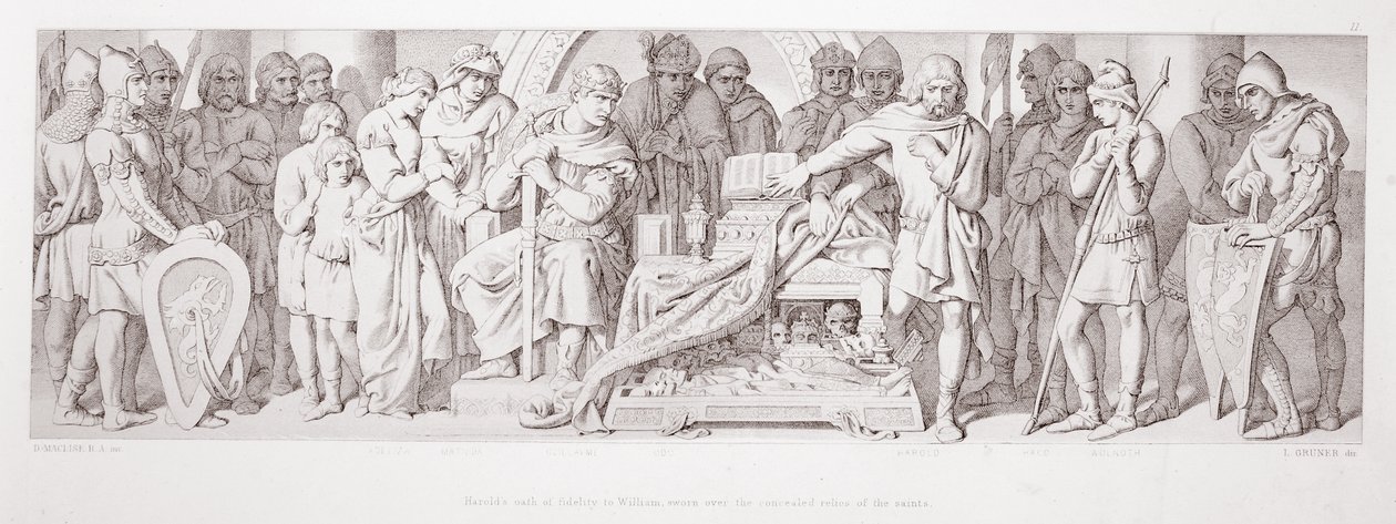 Haroldin uskollisuudenvala Vilhelmille pyhimysten kätkettyjen pyhäinjäännösten äärellä, teoksesta "The Story of the Norman Conquest", kaiverrettu L. Grunerilta, 1866. tekijältä Daniel Maclise