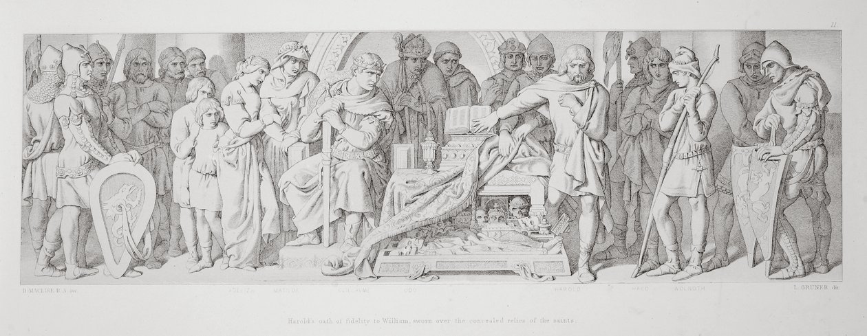Haroldin uskollisuusvala Williamille, joka vannoi pyhien kätketyt jäännökset, "Normannien valloituksen tarinasta", kaiverrettu L. Gruner, 1866 88:Harold II (n. 1022-66), kruunattu 1. tekijältä Daniel Maclise