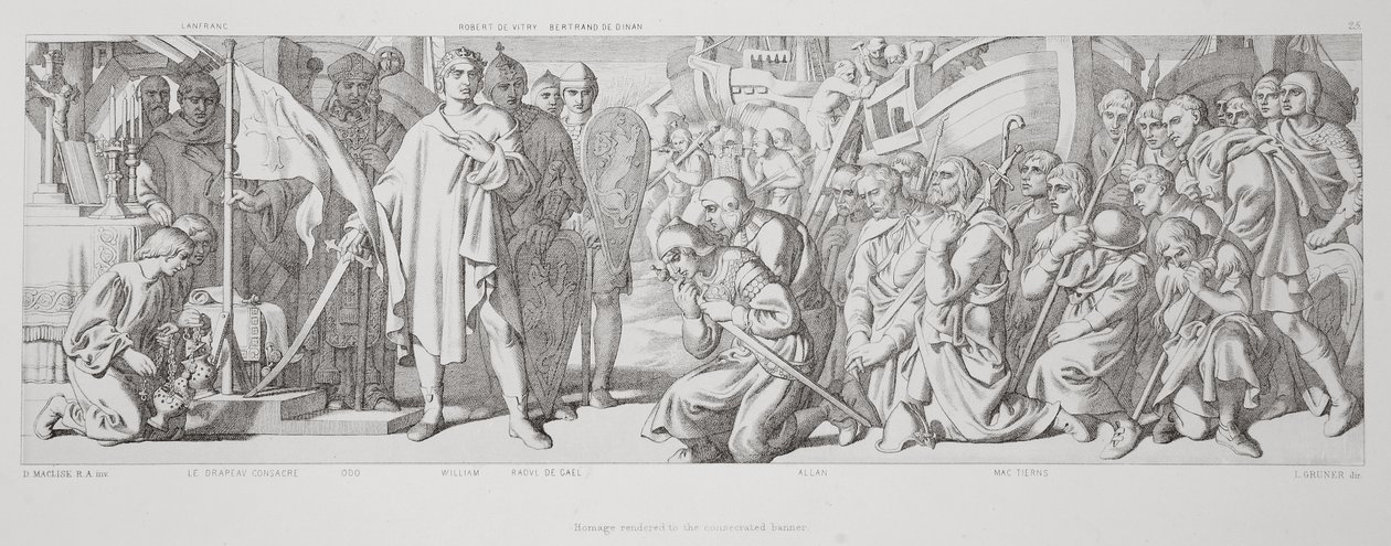 Kunnianosoitus pyhitetylle lipulle, kirjasta "The Story of the Norman Conquest", kaivertanut L. Gruner, 1866 tekijältä Daniel Maclise