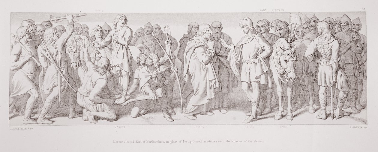 Morcar, joka valittiin Northumbrian jaarliksi Tostigin tilalle, Harold toimii välittäjänä vaalien nunkoosien kanssa teoksesta The Story of the Norman Conquest, kaiverrettu L. Gruner, 1866 tekijältä Daniel Maclise