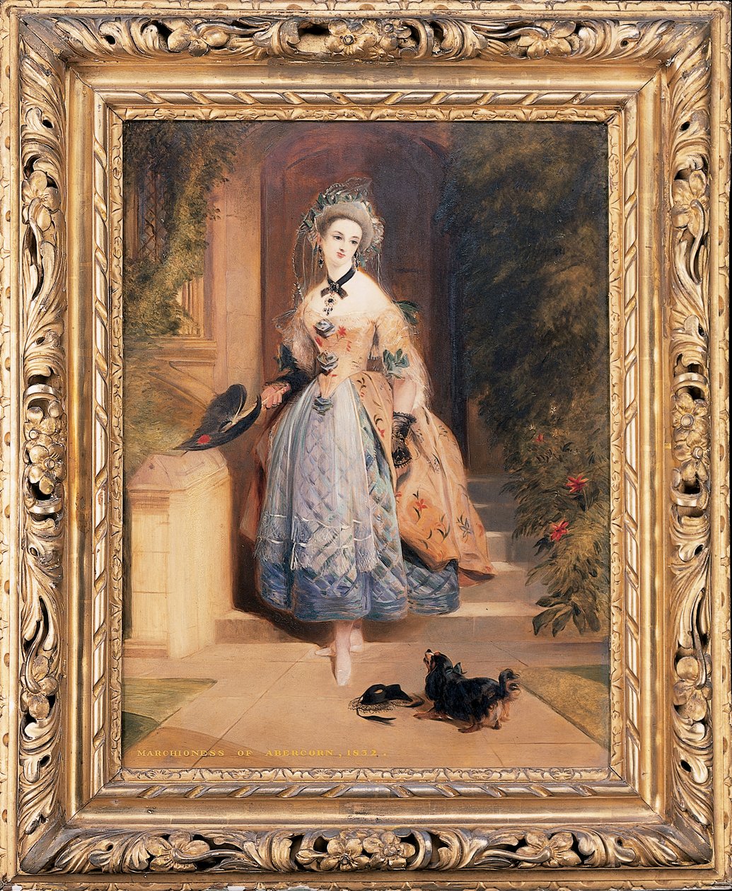 Muotokuva Louisa Janesta, Abercornin maaliskunnasta, pieni kokopitkä, taidokkaasti brodeeratussa kelta-sinisessä mekossa, talon sisäänkäynnissä, spanielin kanssa, 1832 tekijältä Daniel Maclise