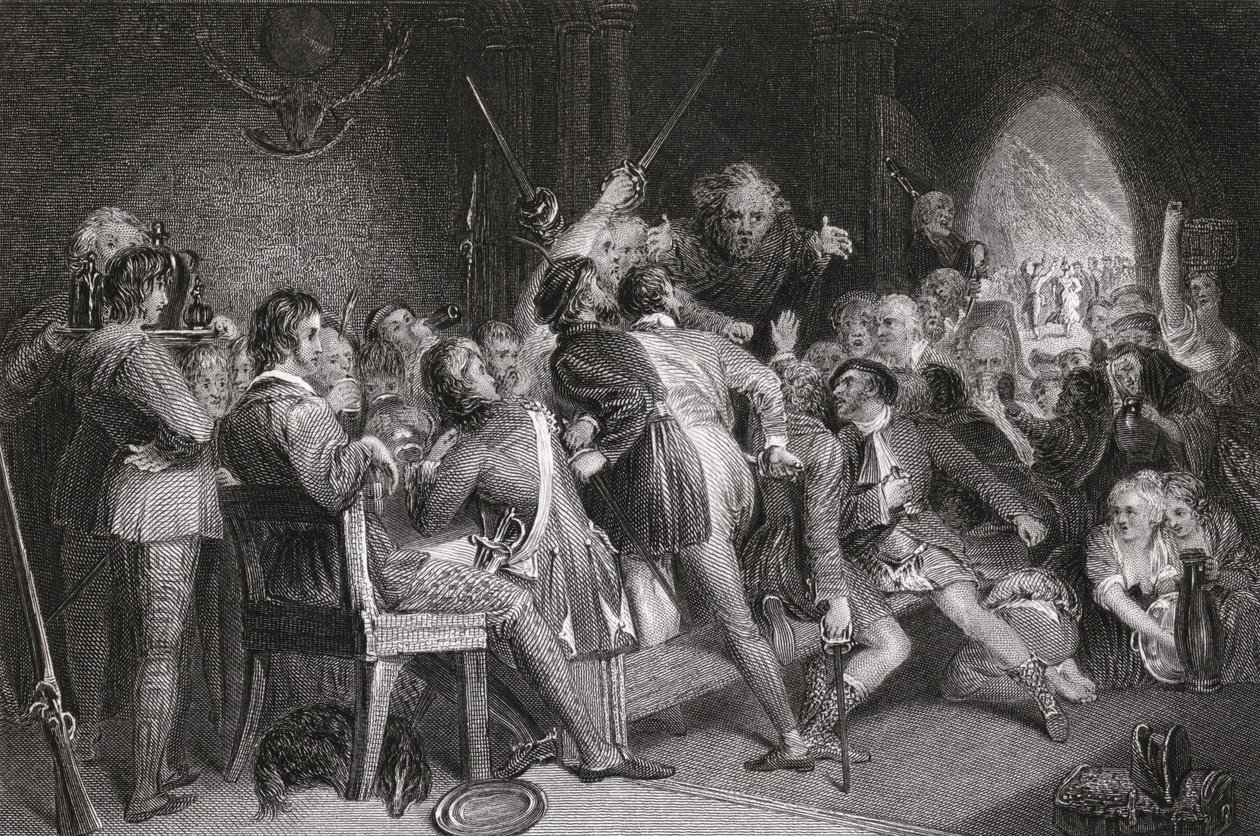 The Hall of Glennaquoich - Highland Feast, kaiverrus P. Lightfoot, "Waverly", Sir Walter Scott (1771-1832) tekijältä Daniel Maclise