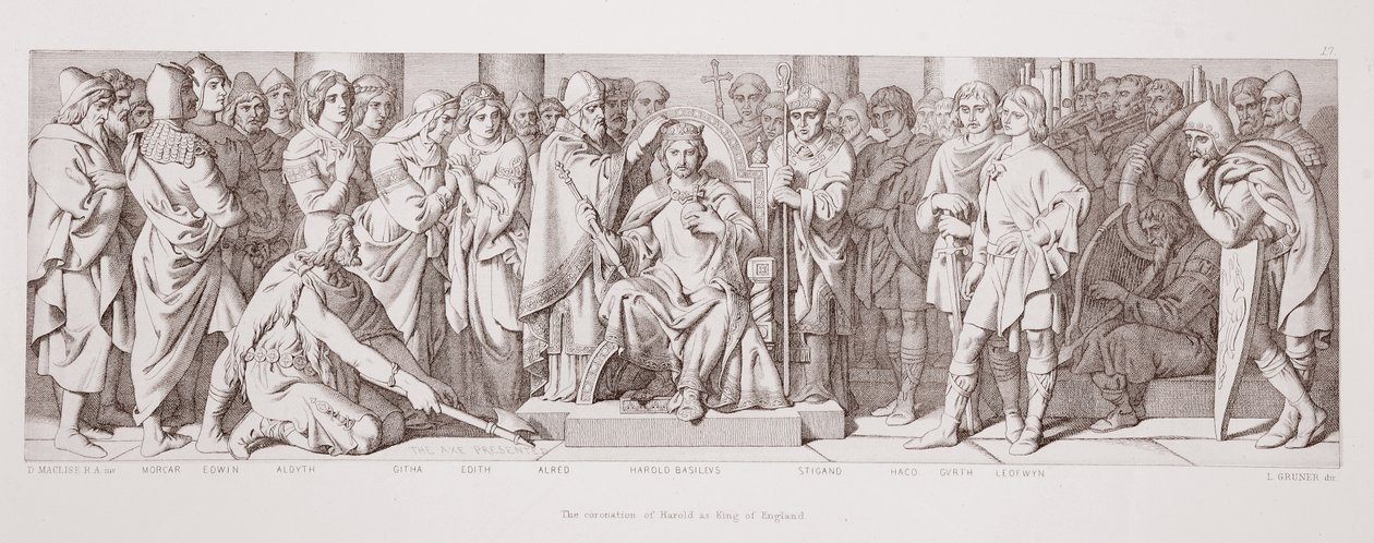 Haroldin kruunaus Englannin kuninkaaksi kirjasta "The Story of the Norman Conquest", kaiverrus L. Gruner, 1866 tekijältä Daniel Maclise