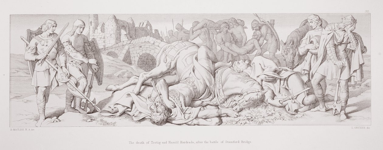 Tostigin ja Harold Hardradan kuolema Stamford Bridgen taistelun jälkeen teoksesta The Story of the Norman Conquest, kaiverrus L. Gruner, 1866 tekijältä Daniel Maclise