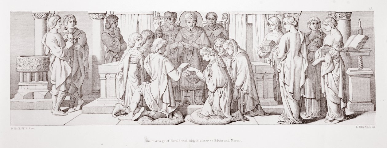 Haroldin avioliitto Edwinin ja Morcarin sisaren Aldythin kanssa "Normannien valloituksen tarinasta", kaivertanut L. Gruner, 1866 tekijältä Daniel Maclise