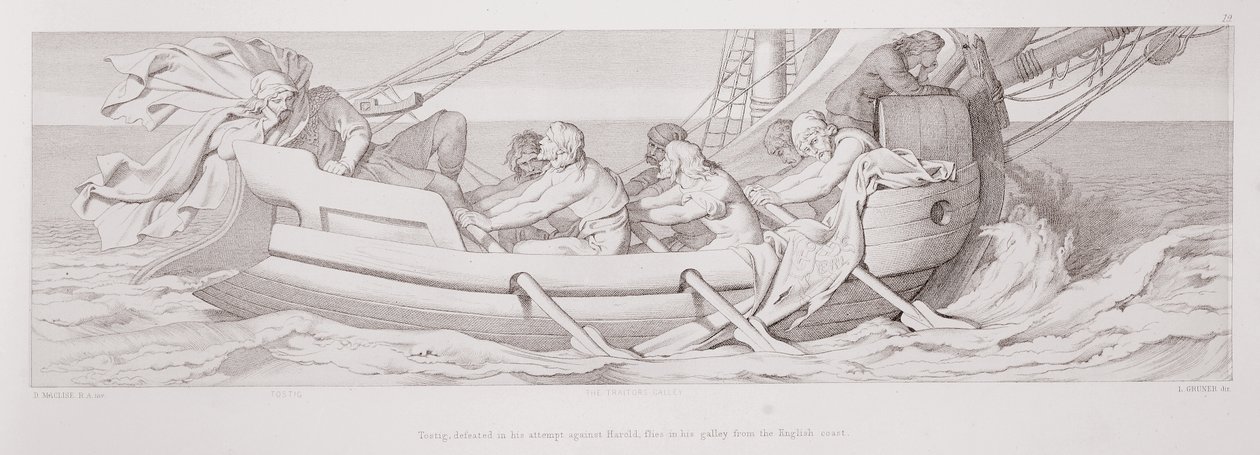 Tostig, joka hävisi yrityksensä Haroldia vastaan, lentää keittiössään Englannin rannikolta, L. Grunerin kaiverruksesta "Normannien valloituksen tarina", 1866 tekijältä Daniel Maclise