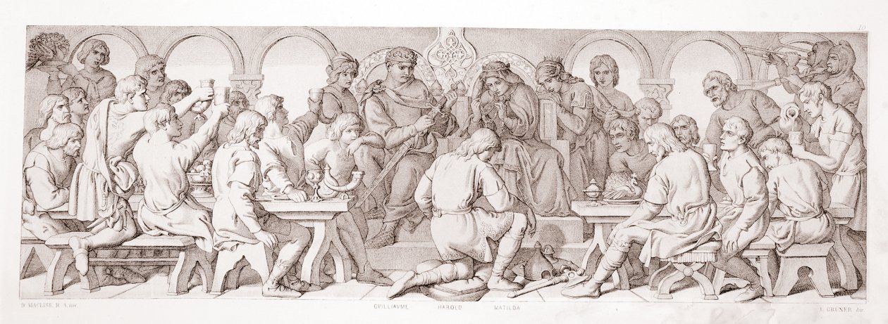 William antaa Haroldille Normanin ritarin arvon "The Story of the Norman Conquest", kaivertanut L. Gruner, 1866 tekijältä Daniel Maclise