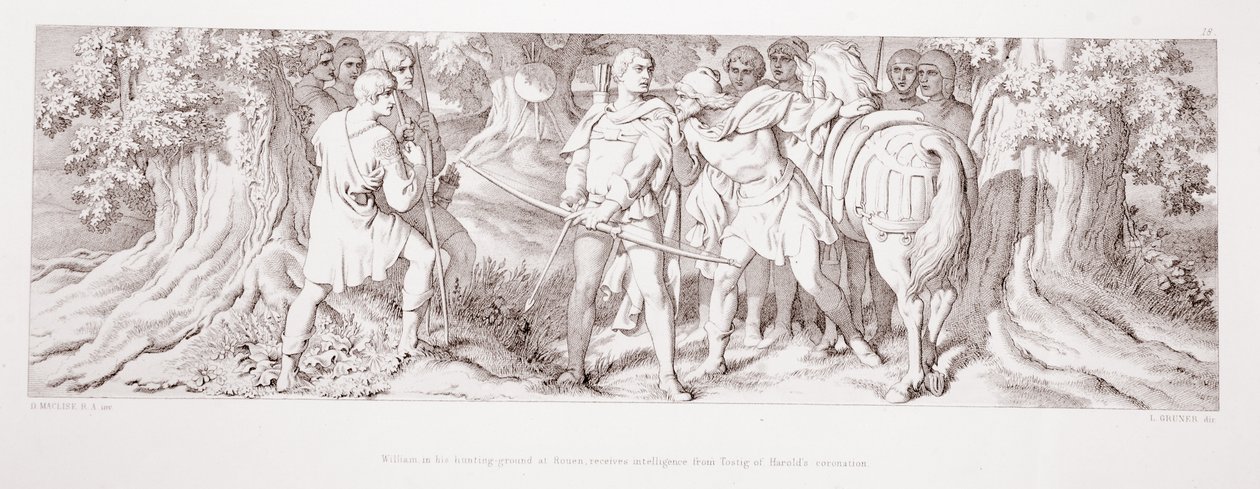 William metsästysmaalla Rouenissa saa tiedustelutietoa Tostig of Haroldin kruunajaisista, L. Grunerin kaivertamasta "Normannien valloituksen tarinasta", 1866 tekijältä Daniel Maclise
