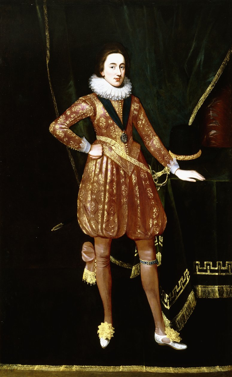 Muotokuva kuningas Charles I:stä Walesin prinssinä, täyspitkä, vihreä samettiverho, yllään Pyhän Yrjön ritarikunta, kultainen kirjailtu kaksio ja ratsastushousut, vasen käsi lepää hatun vieressä pöydällä, tekijältä Daniel Mytens
