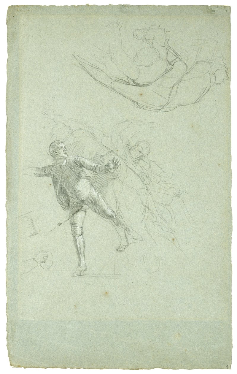 Study for The Siege of Gibraltarin (Tutkimus pitkäveneen tykkihahmolle), 1785-1786 (mustavalkoinen liitu harmaansinisellä paperilla) tekijältä Daniel Mytens
