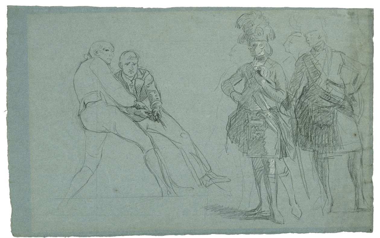 Study for The Siege of Gibraltarin (Tutkimus everstiluutnantti Lindsaystä ja hahmoja vetää köydestä), c. 1786-1787 (graftie ja mustavalkoinen liitu harmaansinisellä paperilla) tekijältä Daniel Mytens
