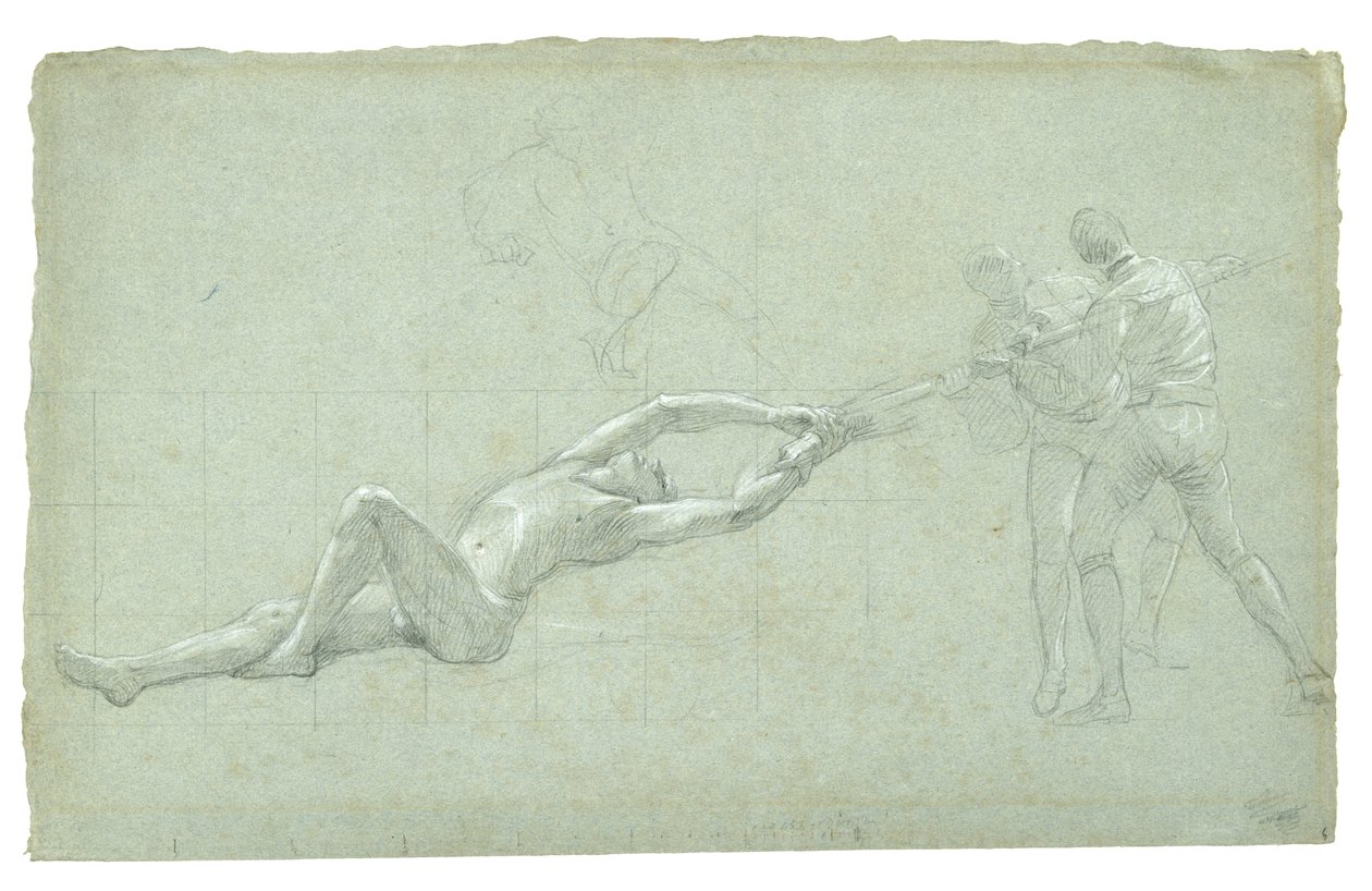 Tutkimus Gibraltarin piirityksestä (Tutkimus pelastettua hahmoa ja kahta airoa vetäävää hahmoa), 1785-1786 (mustavalkoinen liitu harmaanvihreällä paperilla) tekijältä Daniel Mytens