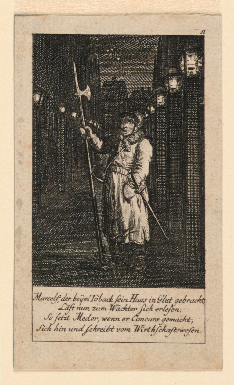 Yövartija, kuvitus "Königl: Grosbrit [anian] genealogical Calendar 1780 Lauenberg, J.G. Berenberg" tekijältä Daniel Nikolaus Chodowiecki