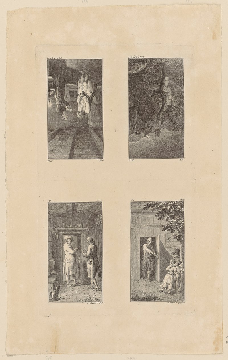 Sivut 5–8 Pestalozzin teoksesta »Lienhard ja Gertrud« tekijältä Daniel Nikolaus Chodowiecki