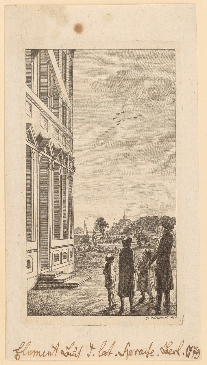 Ensimmäinen sivu Schulzen teoksesta ”Elementarbuch der lateinischen Sprache”, Berliini 1779 tekijältä Daniel Nikolaus Chodowiecki