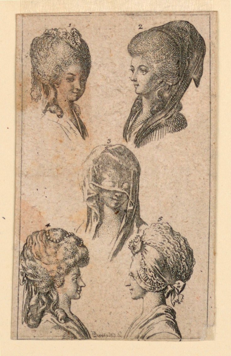 Viisi berliiniläisten naisten päähinettä, kuvitus "Königl: Grosbrit [anian] genealogical Calendar for the 1782 Lauenberg by J.G. Berenberg" tekijältä Daniel Nikolaus Chodowiecki