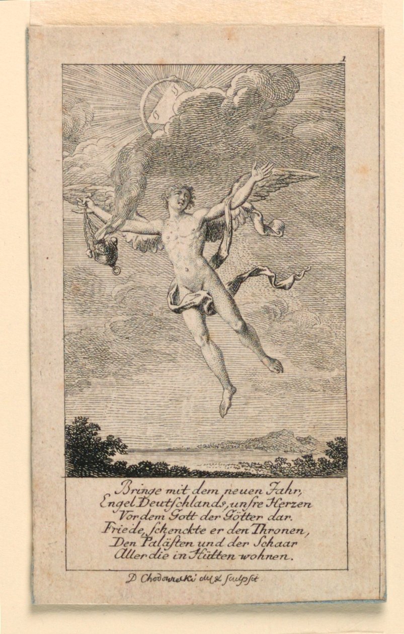 Uudenvuodentoivotus Saksalle, kuvitus "Königl: Grosbrit [anian] genealogical Calendar 1780 Lauenberg, J.G. Berenberg" tekijältä Daniel Nikolaus Chodowiecki