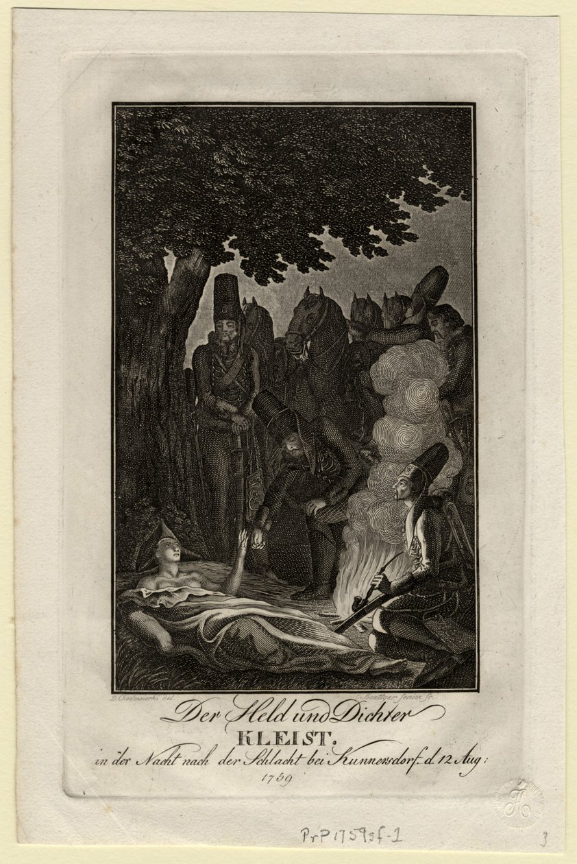 Runoilija Ewald von Kleist Kunersdorfin taistelussa, 12. elokuuta 1759, noin 1759 tekijältä Daniel Nikolaus Chodowiecki