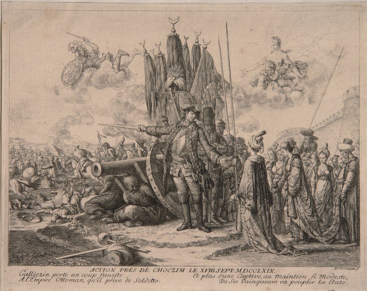 Prinssi Aleksanteri Mikhaylovich Golitsyn Khotynin linnoituksen piirityksessä 1769, 1769 tekijältä Daniel Nikolaus Chodowiecki