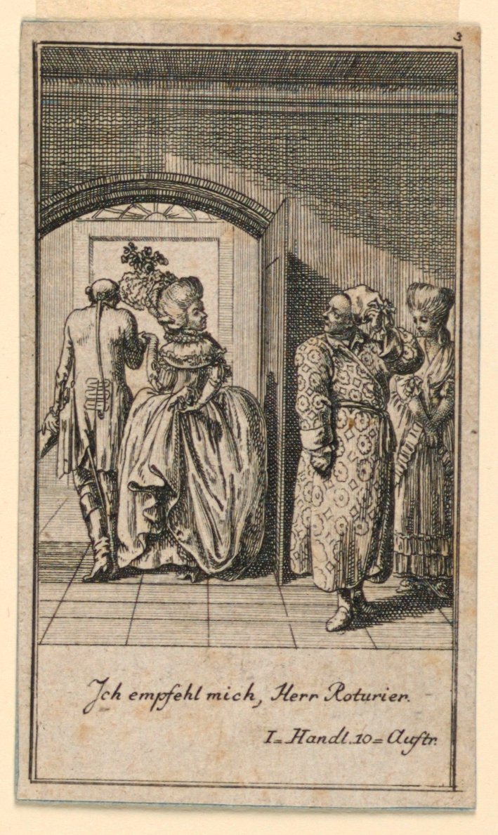 Iäkäs pariskunta ylpeästi lopettamassa vierailun, kuvitus Fredrich Wilhelm Grossmanin näytelmästä "Ei muuta kuin sachs Schuesseln" teoksessa "Königl: Grosbrit [nische] genealogical calendar on the 1782 Lauenberg by J.G. Berenberg" tekijältä Daniel Nikolaus Chodowiecki