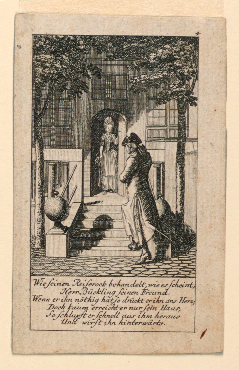 Tekopyhä ystävä, kuvitus "Königl: Grosbrit [anian] genealogical Calendar 1780 Lauenberg, J.G. Berenberg" tekijältä Daniel Nikolaus Chodowiecki