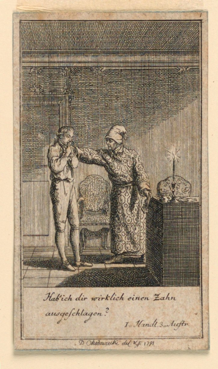 Slap in the Face, kuvitus Fredrich Wilhelm Grossmanin näytelmästä "Not more than sachs Schuesseln" teoksessa "Königl: Grosbrit [anian] genealogical Calendar for 1782 Lauenberg by J.G. Berenberg" tekijältä Daniel Nikolaus Chodowiecki