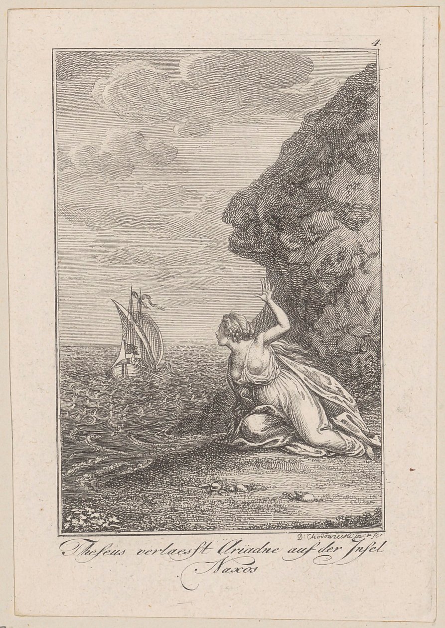 Theseus jättää Ariadnen Naxoksen saarelle, sivu 4 Beckerin teoksesta ”Theseus” tekijältä Daniel Nikolaus Chodowiecki