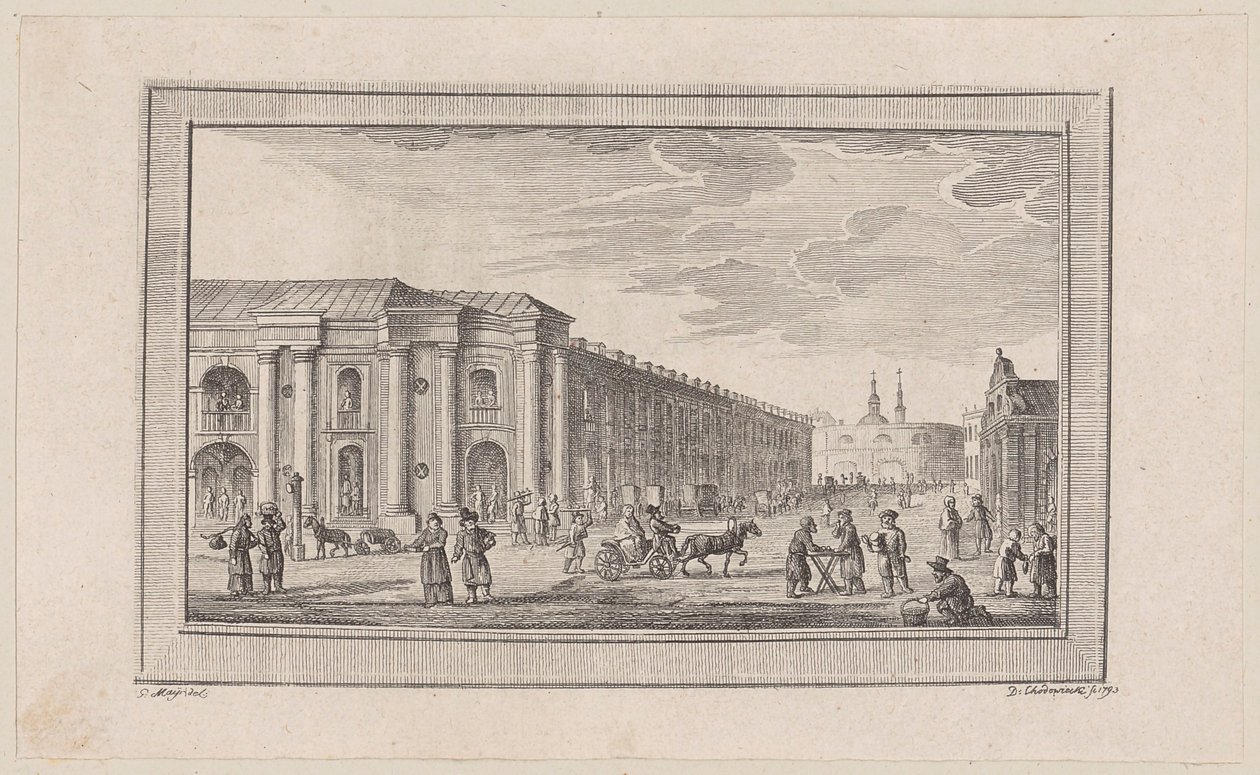 Storchin teoksen ”Gemälde von St. Petersburg” (Pietarin maalauksia) toisen osan otsikkokupari tekijältä Daniel Nikolaus Chodowiecki