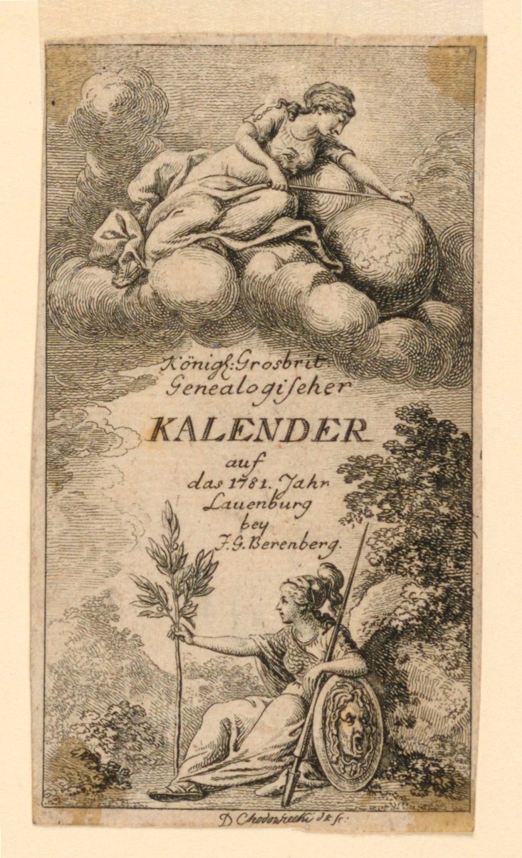 Otsikko "Königl: Grosbrit [anian] genealogical calendar for the 1781 Year Lauenberg by J.G. Berenberg" tekijältä Daniel Nikolaus Chodowiecki