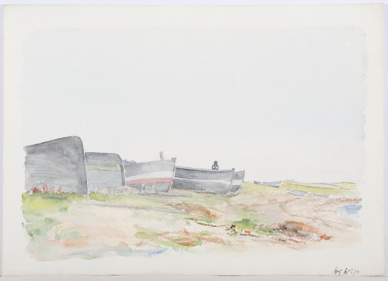 Fishing Cobles, Holy Island, 1895 (kynä ja wc paperilla) tekijältä Daniel Oliver