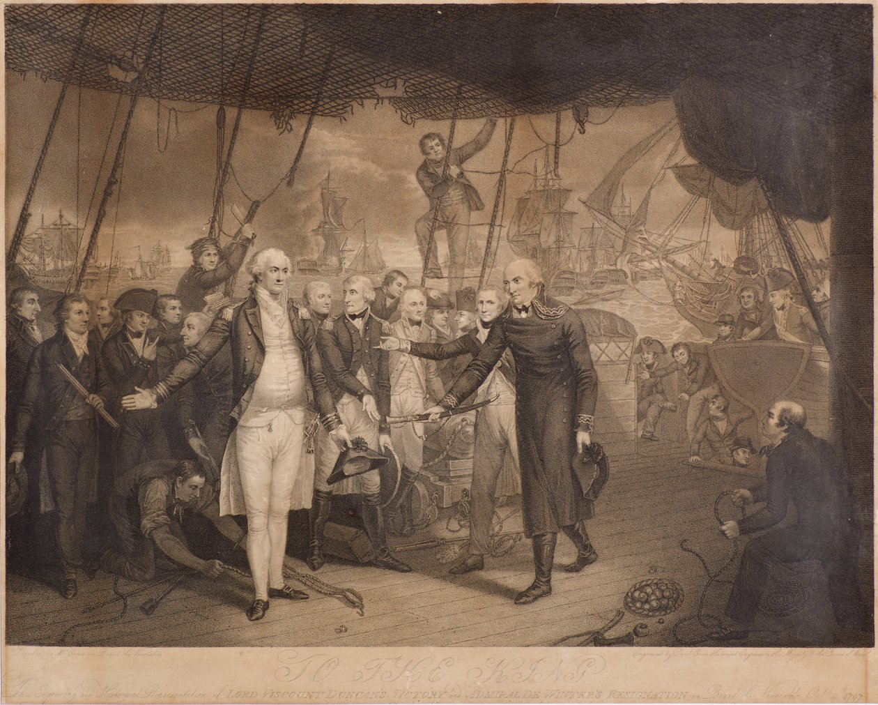 Lordi varakreivi Duncanin voitto ja amiraali De Winterin eroaminen Venerable-laivalla, lokakuu 1797 (pistekaiverrus) tekijältä Daniel Orme