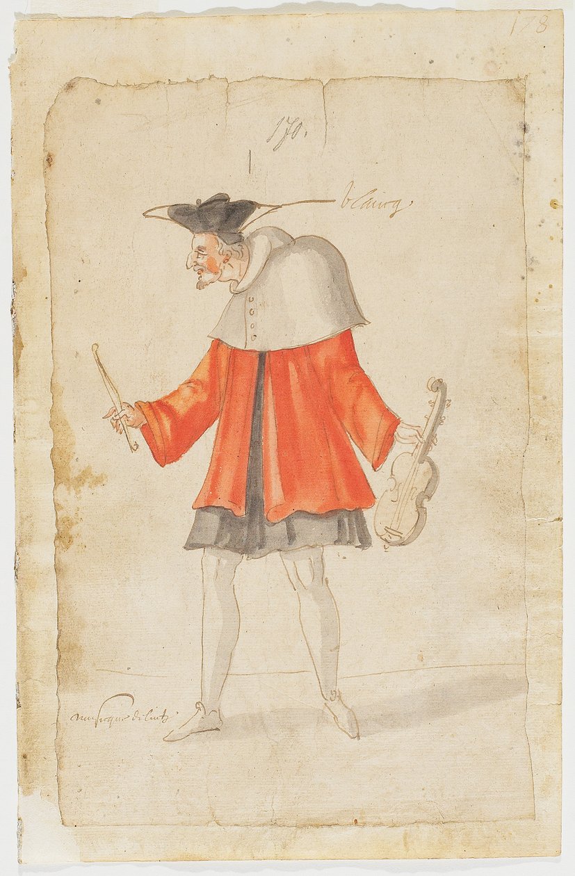 Muusikko Ballet du Serieux et du Grotesquesta, 1627 (ruskea muste ja wc taitetulla paperilla) tekijältä Daniel Rabel